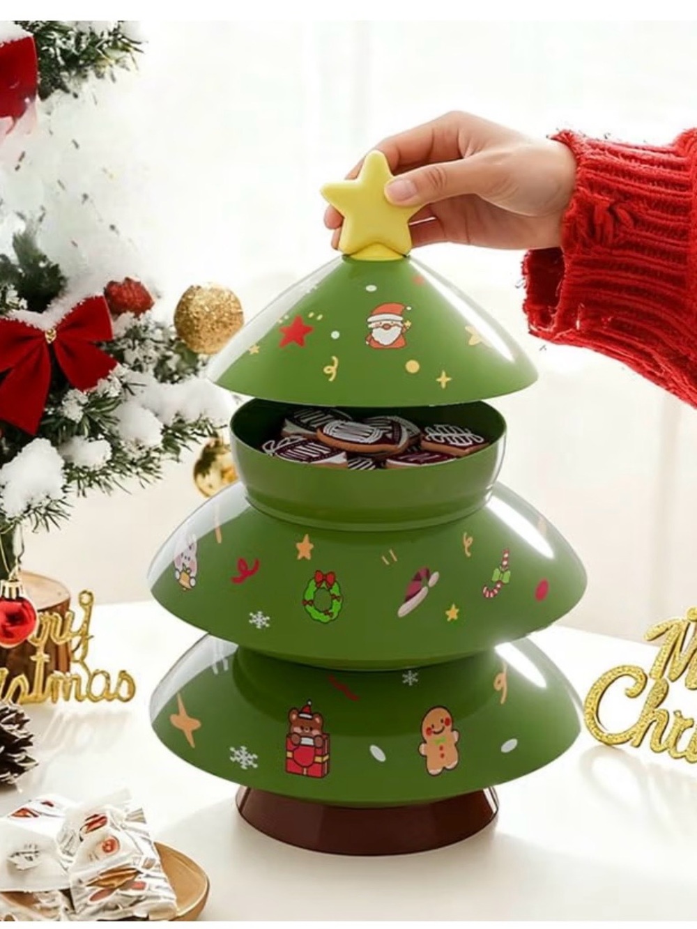 Festive Green Christmas Tree Candy Tin - Holiday Treat Storage